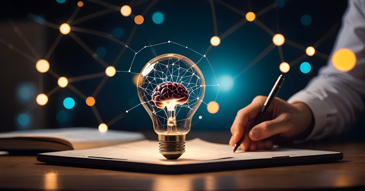 AI generated image of lightbulb with brain in it on a piece of paper with a person writing on that. Symbol for smart collaboration.