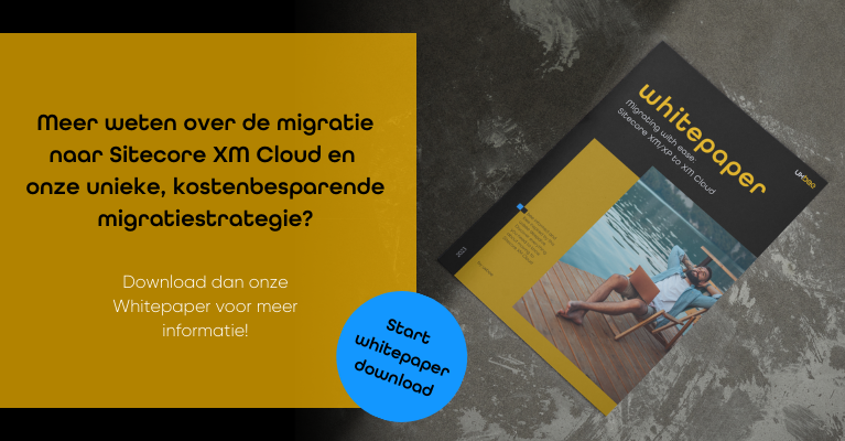 Banner om whitepaper download te starten over migratie naar Sitecore XM Cloud op desktop